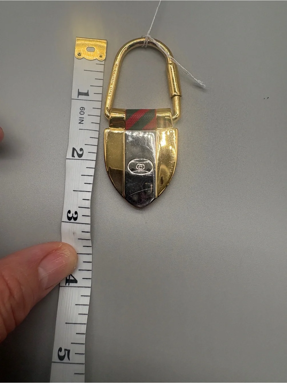 Vintage Gucci Rigato Shield Key Ring Web Stripe Gold Tone with COA